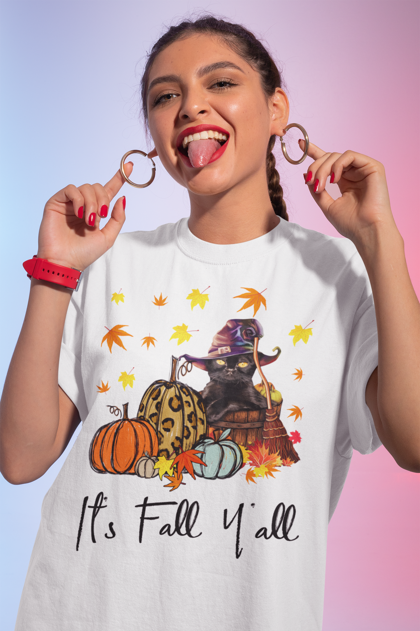 It's Fall Y'all T-Shirt with Black Cat Witch and Pumpkins Autumn Tee