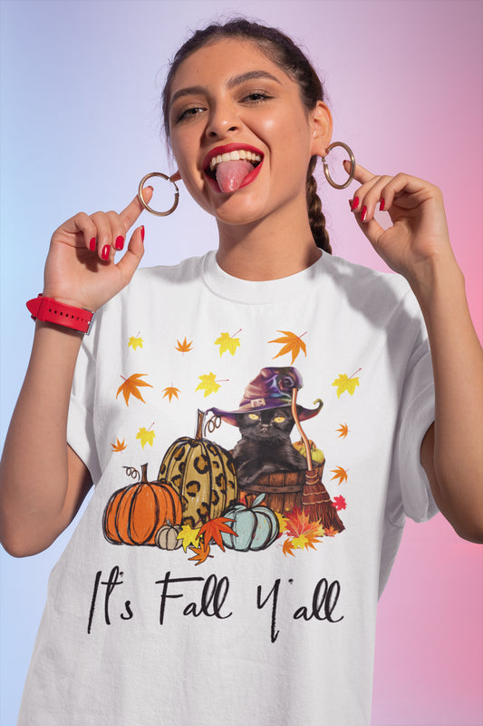It's Fall Y'all T-Shirt with Black Cat Witch and Pumpkins Autumn Tee