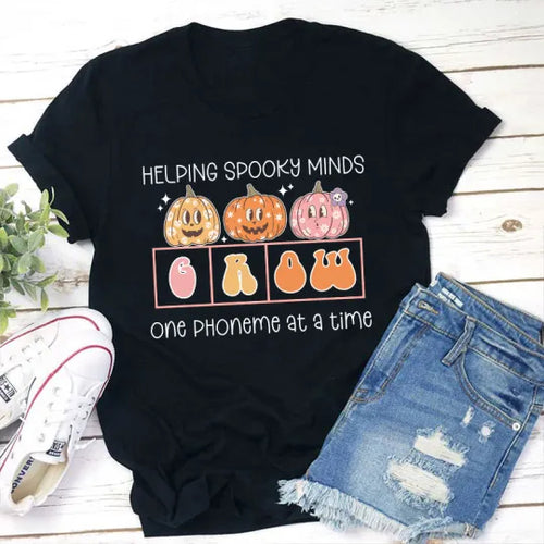 Helping Spooky Minds Grow Halloween Teacher T-Shirt - Phoneme Learning Pumpkin Tee