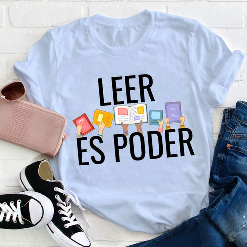 Leer Es Poder Spanish Reading Power T-Shirt with Colorful Books Graphic