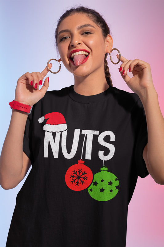 Funny Christmas Nuts Holiday T-Shirt with Santa Hat and Ornaments