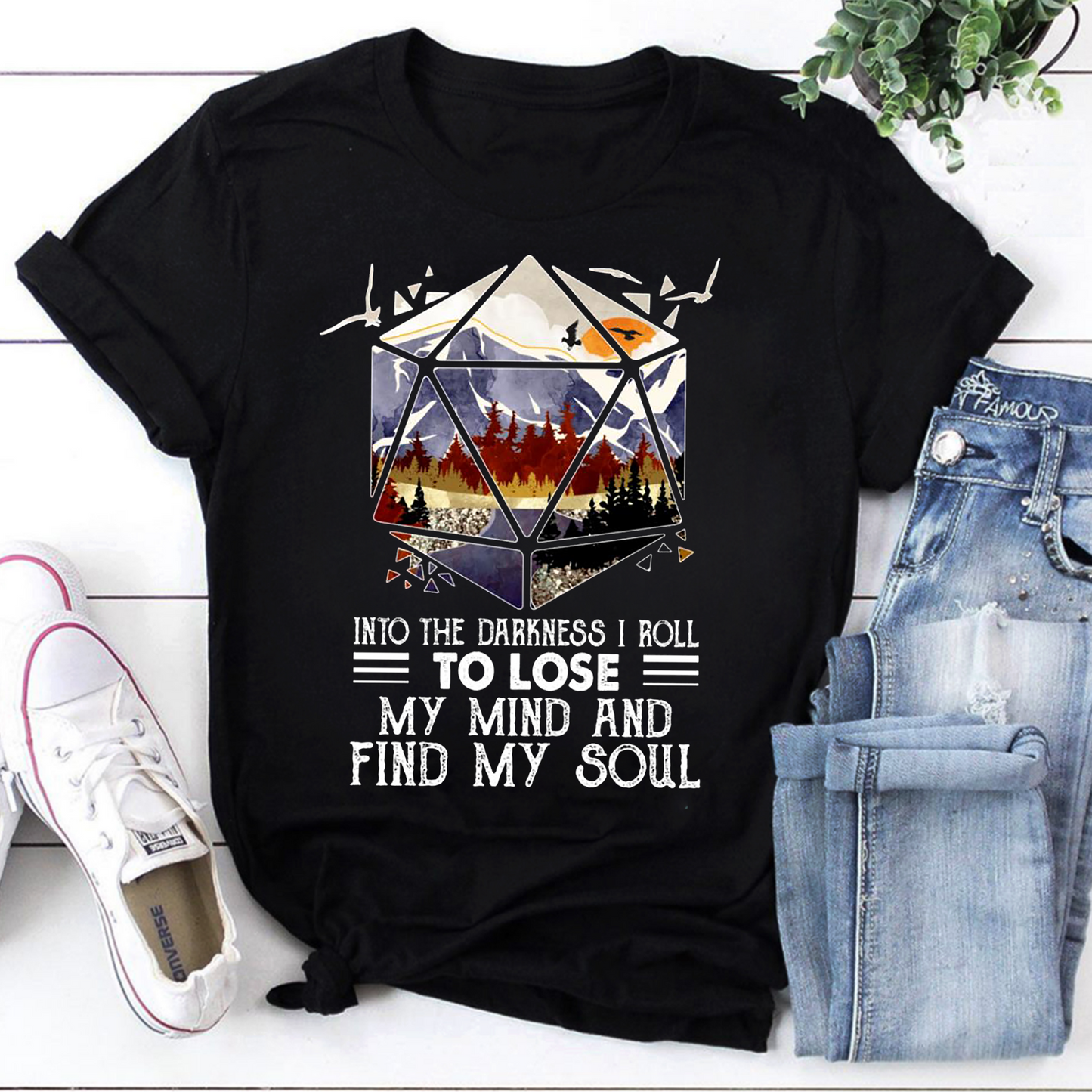 Into The Darkness I Roll D20 Dice Sunset Forest T-Shirt