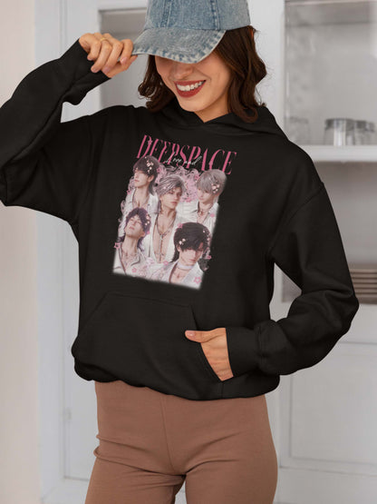 Deep Space Anime Boys Black Hoodie with Pink Floral Design