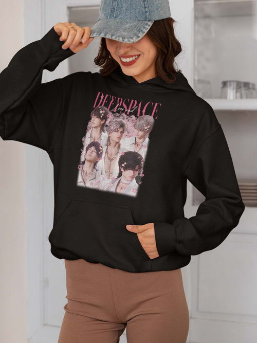 Deep Space Anime Boys Black Hoodie with Pink Floral Design