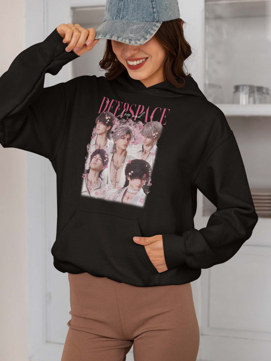Deep Space Anime Boys Black Hoodie with Pink Floral Design