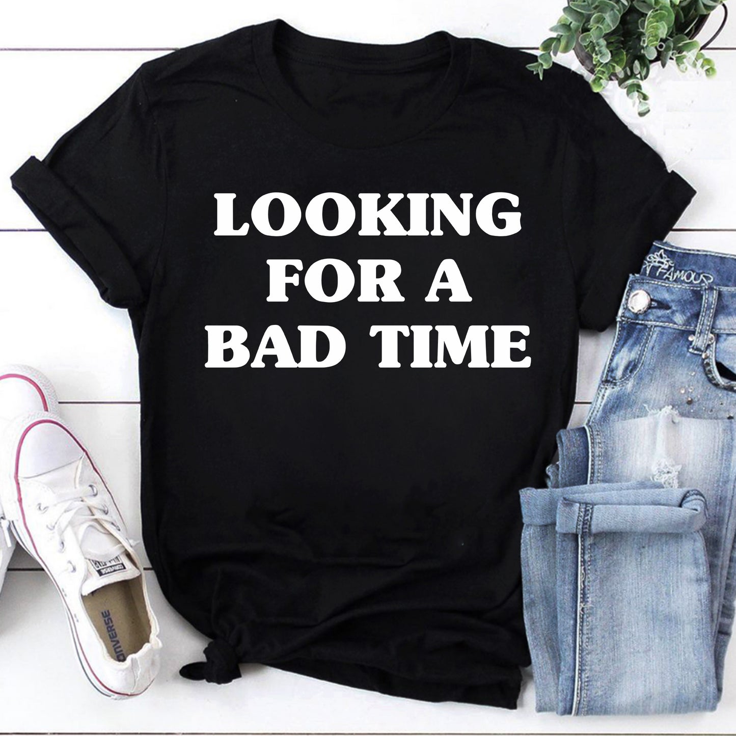 Funny Looking For A Bad Time Black Graphic Tee