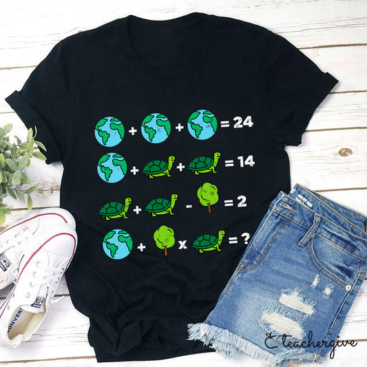 Funny Math Puzzle T-Shirt - Earth Turtle Tree Equation Graphic Tee