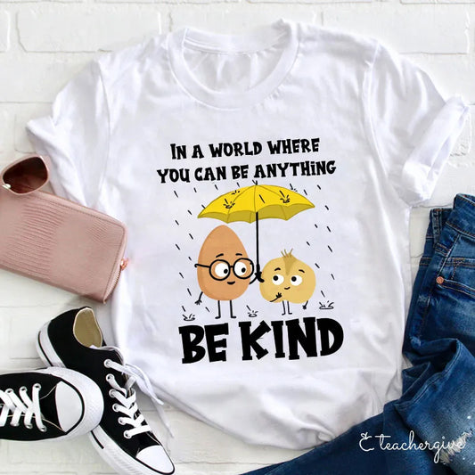 Be Kind Inspirational Quote T-Shirt With Cute Egg and Onion Illustration