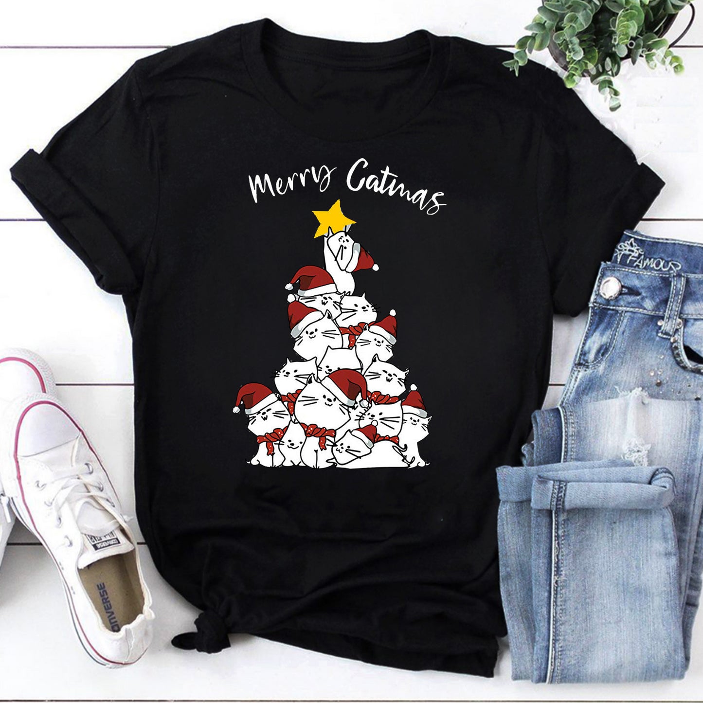 Merry Catmas Christmas Tree Cat Santa Hat Holiday T-Shirt