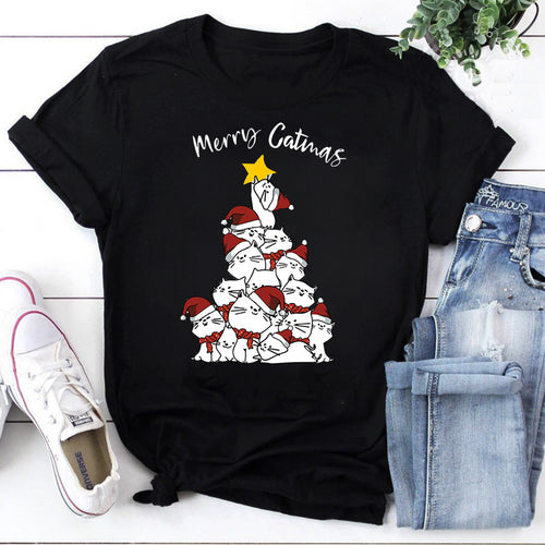 Merry Catmas Christmas Tree Cat Santa Hat Holiday T-Shirt