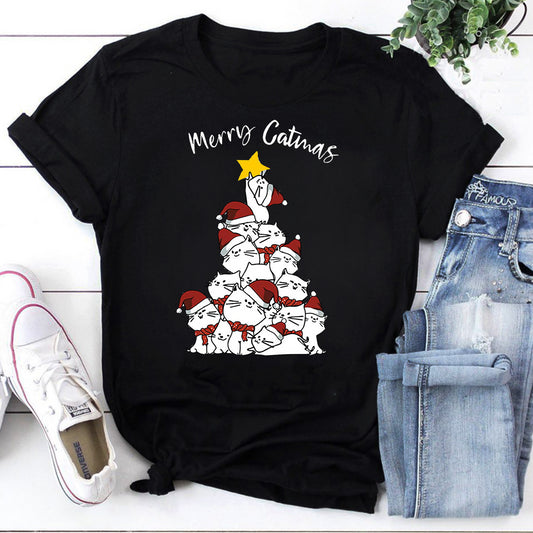 Merry Catmas Christmas Tree Cat Santa Hat Holiday T-Shirt
