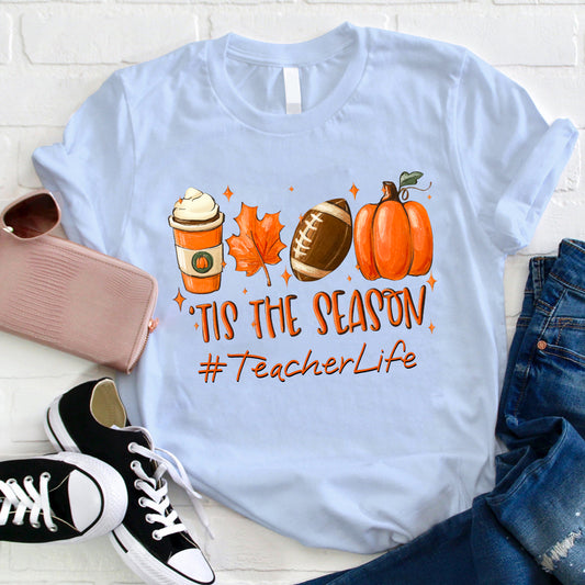 Tis The Season Teacher Life Fall Autumn Pumpkin Coffee Football T-Shirt