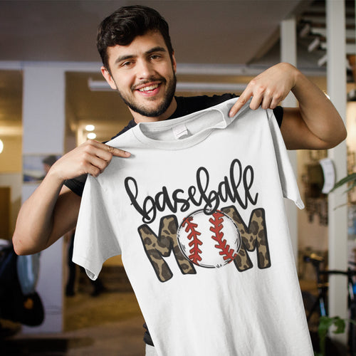 Baseball Mom T-Shirt with Leopard Print and Baseball Graphic