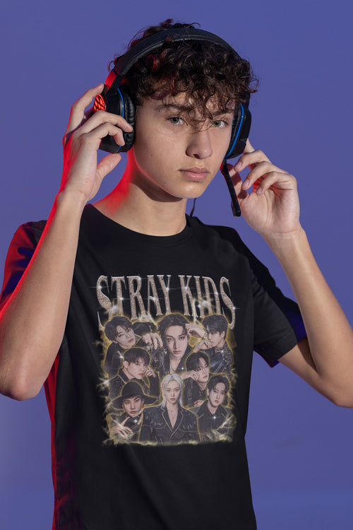 Stray Kids K-Pop Band Graphic Tee Black with Group Portrait