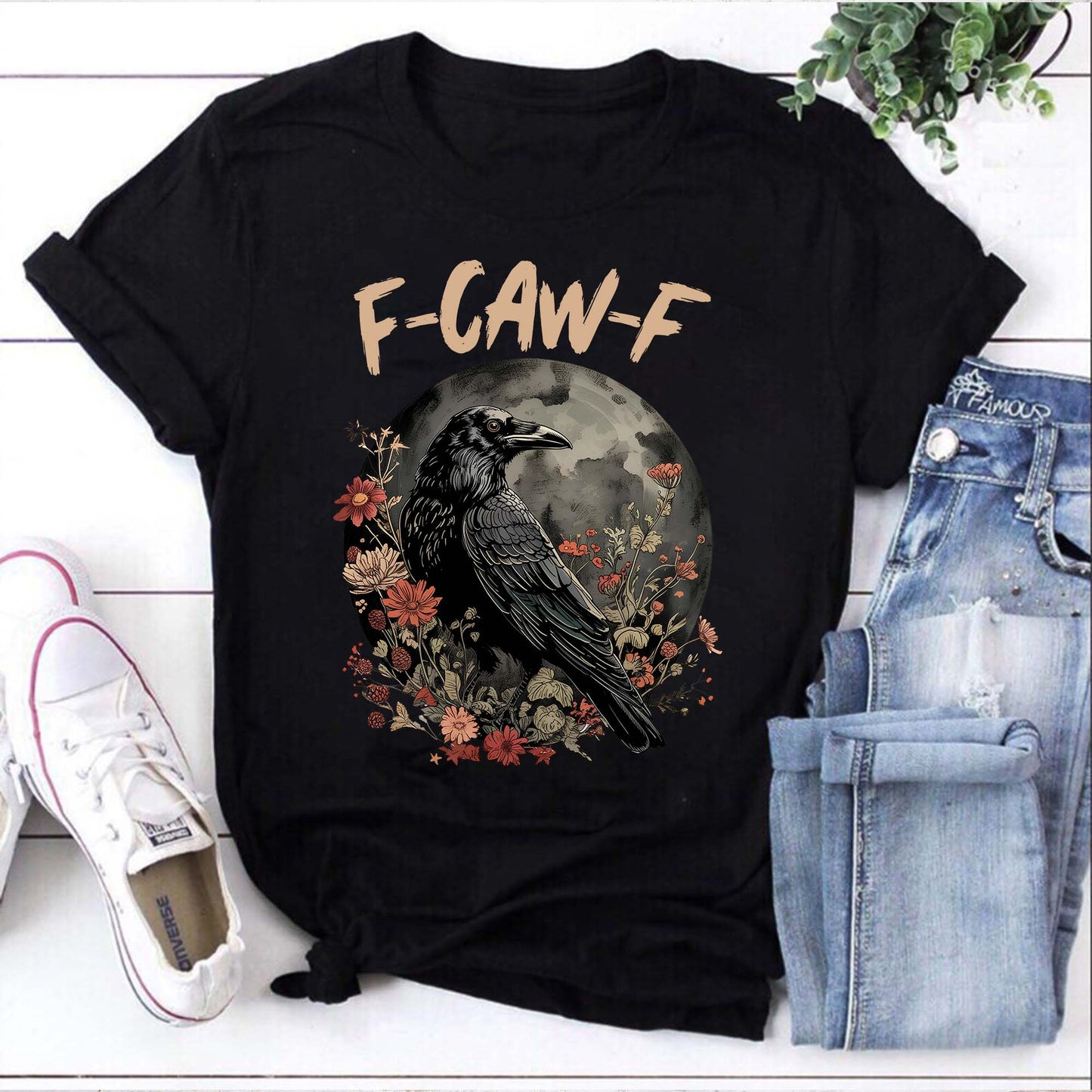 F-CAW-F Raven Bird Graphic Tee with Floral Moon Design