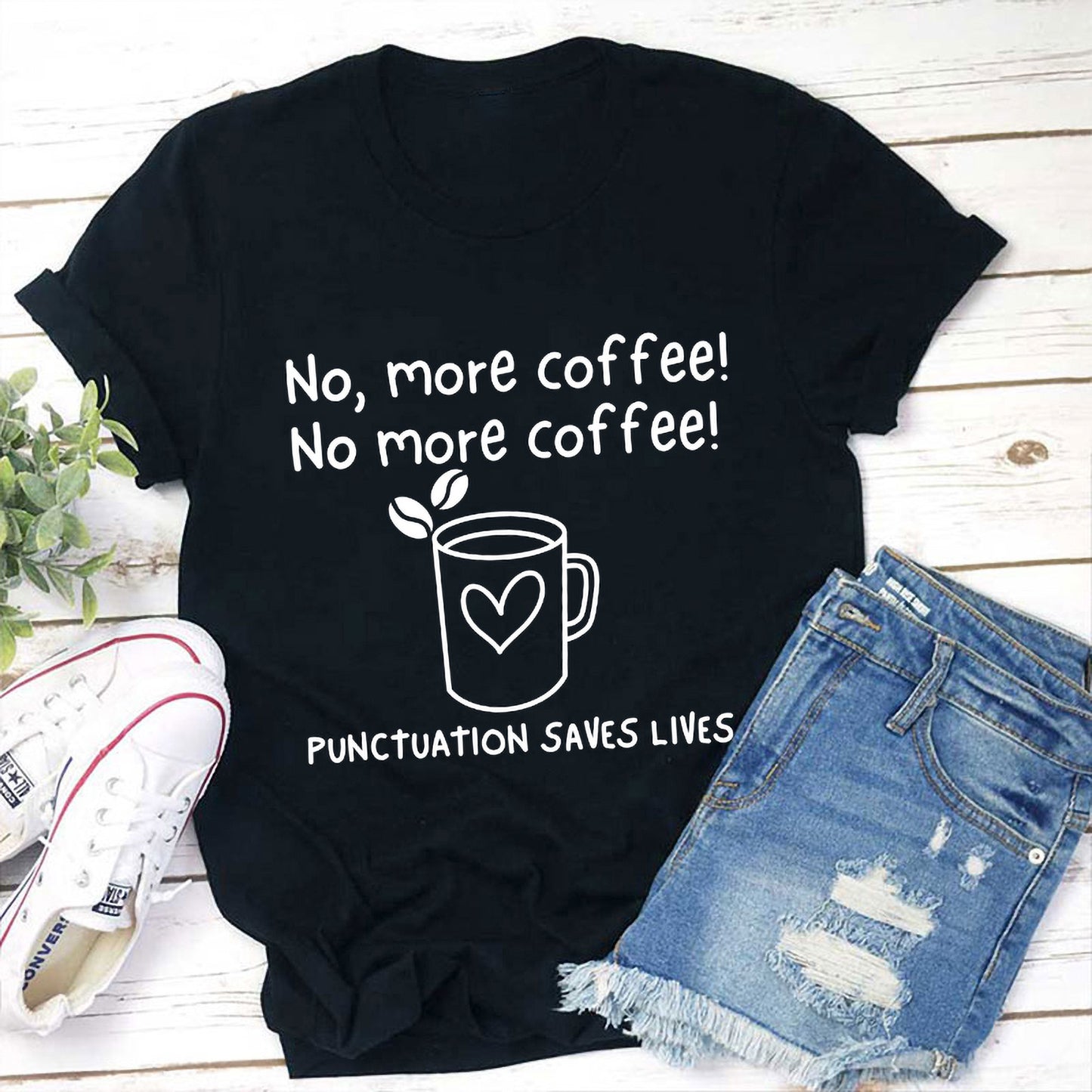 Punctuation Saves Lives Coffee Lover Funny Black T-Shirt