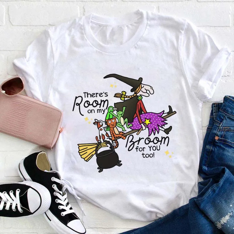 Cute Witch and Animal Broom Graphic Tee - There's Room On My Broom for You Too