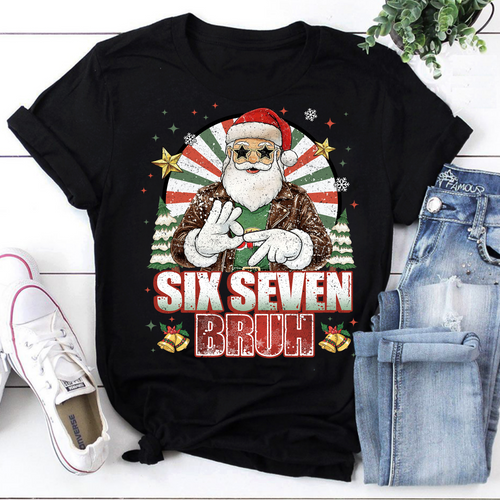 Funny Six Seven Bruh Christmas Santa T-shirt Holiday Graphic Tee