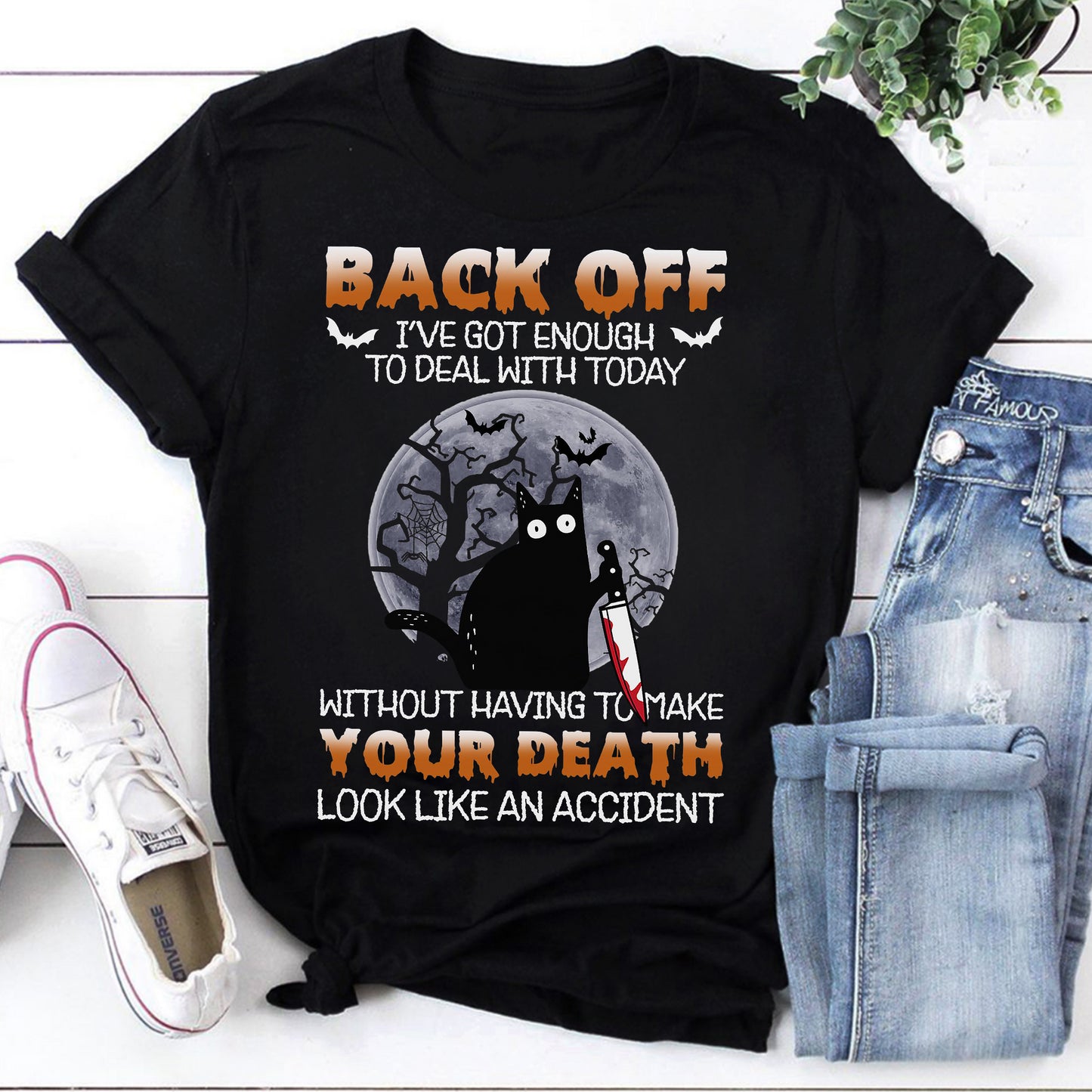 Funny Halloween Black Cat T-Shirt with Bloodied Knife and Moon Design