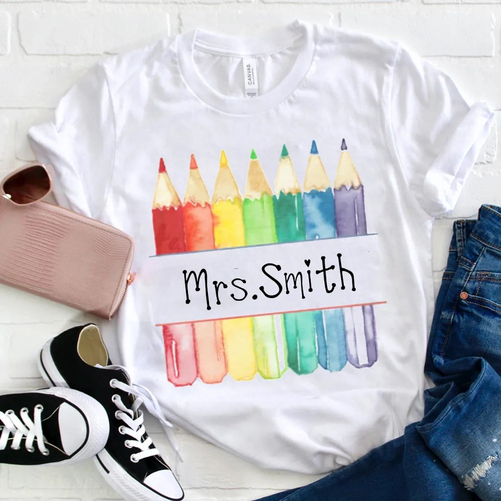 Personalized Teacher T-Shirt Rainbow Colored Pencils Mrs. Smith
