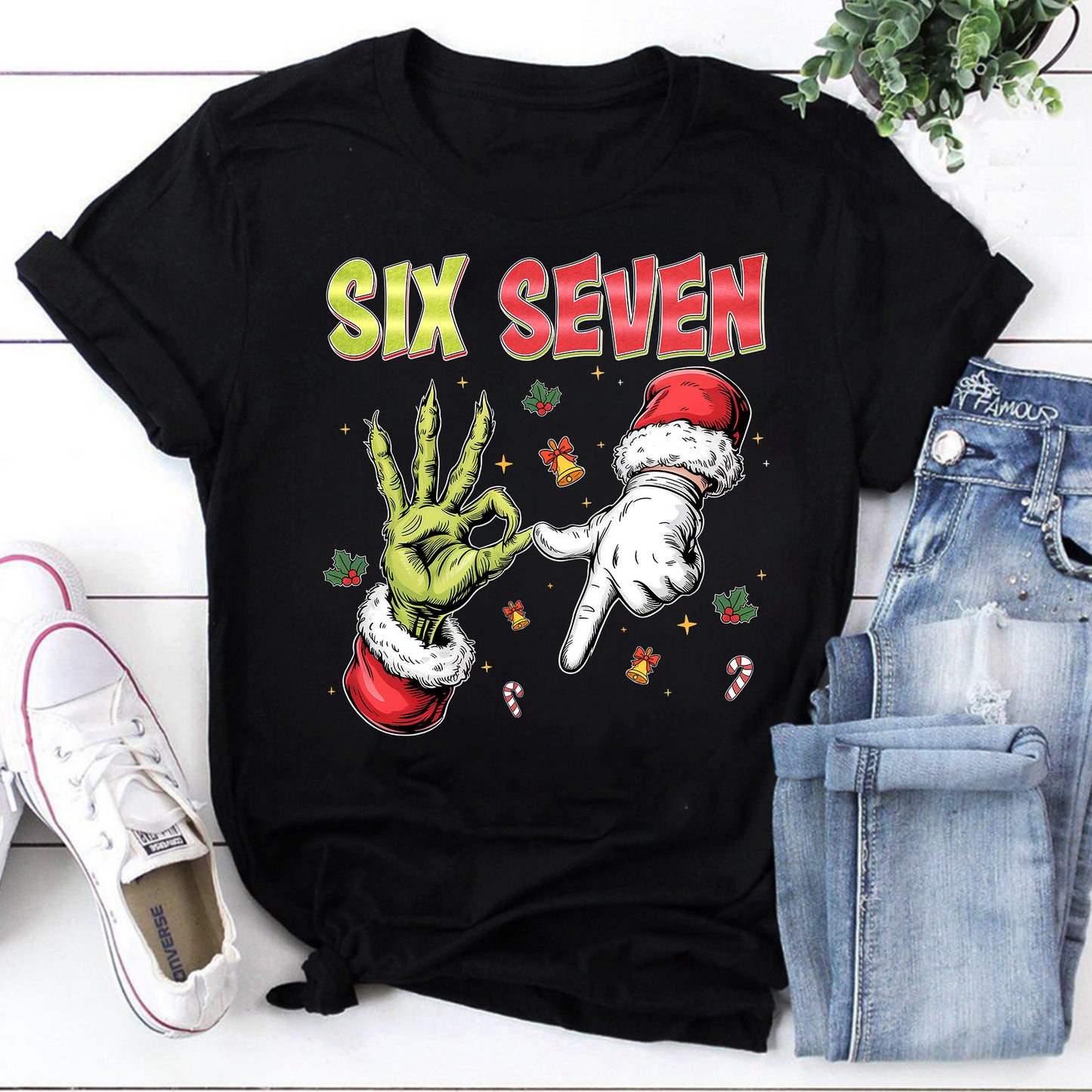 Six Seven Funny Christmas Grinch and Santa Hands Holiday T-Shirt