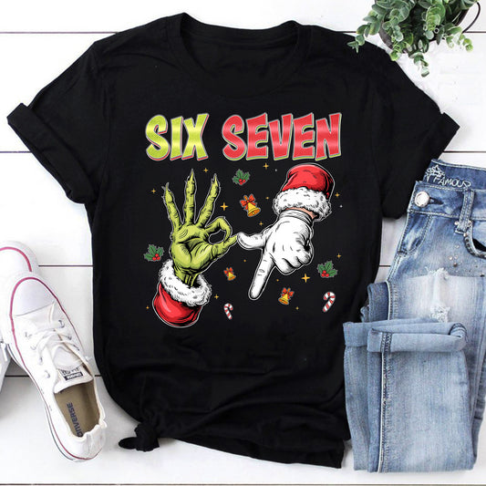 Six Seven Funny Christmas Grinch and Santa Hands Holiday T-Shirt