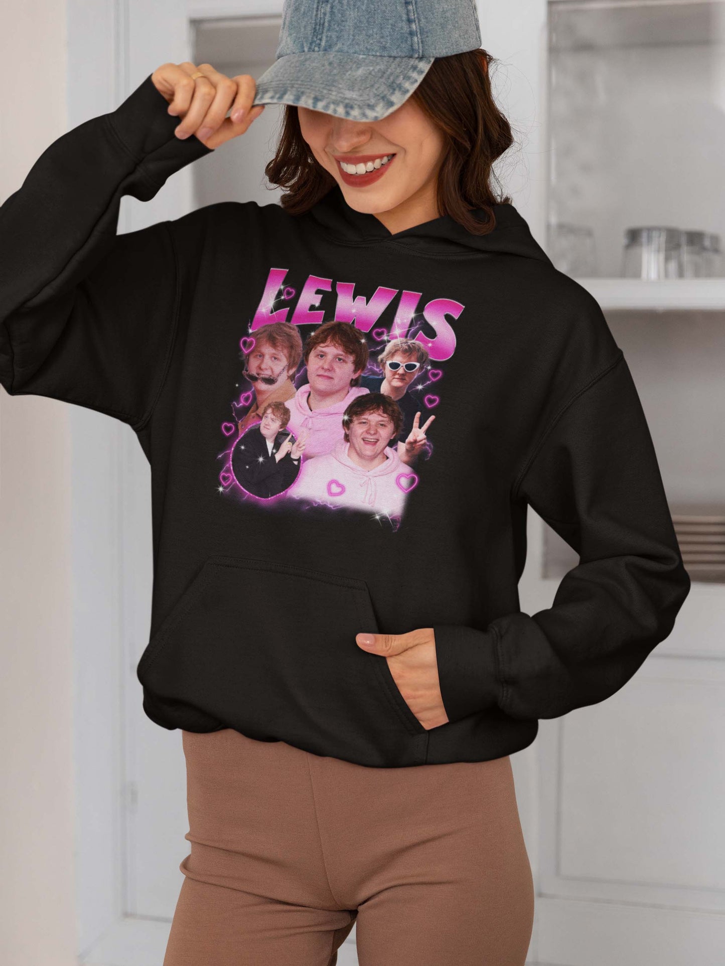 Lewis Funny Collage Graphic Hoodie with Cute Pink Hearts