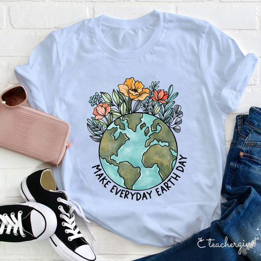 Make Everyday Earth Day T-Shirt with Floral Globe Graphic Eco-Friendly Tee