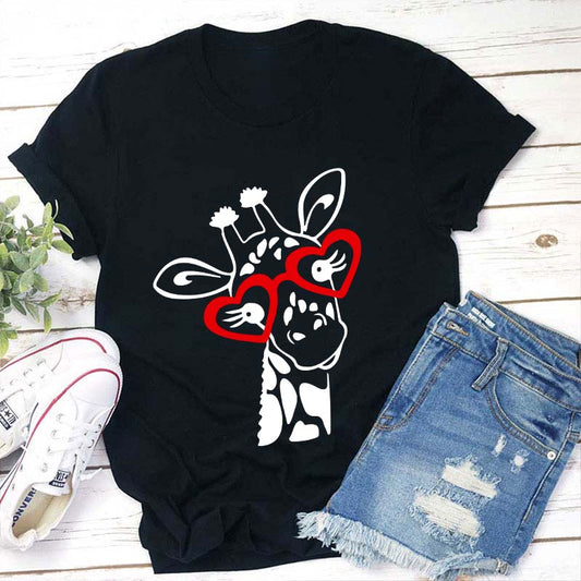Cute Giraffe Heart-Shaped Sunglasses Graphic Tee for Women