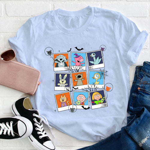 Cute Cartoon Character Polaroid Collage Graphic Tee - Fun Animal & Kids Print T-Shirt