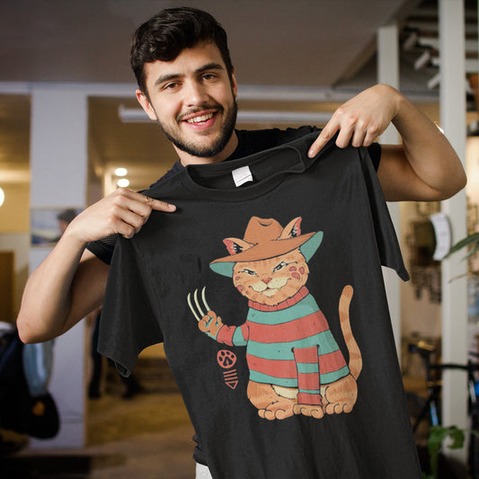 Cat Freddy Krueger T-Shirt - Horror Movie Mashup Cat Graphic Tee