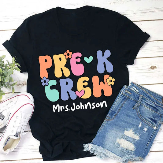 Personalized Pre-K Crew Teacher T-Shirt - Colorful Retro Floral Design