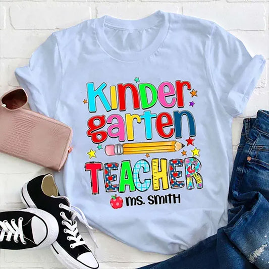 Personalized Kindergarten Teacher T-Shirt - Colorful Pencil & Star Design