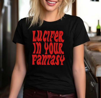 Lucifer In Your Fantasy Black Graphic Tee - Bold Red Retro Style Shirt