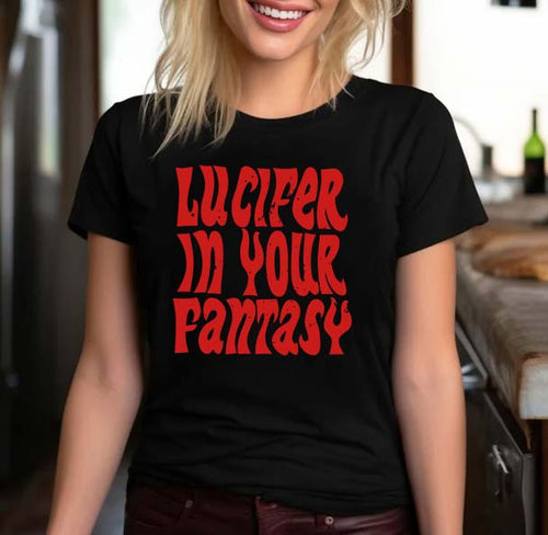 Lucifer In Your Fantasy Black Graphic Tee - Bold Red Retro Style Shirt