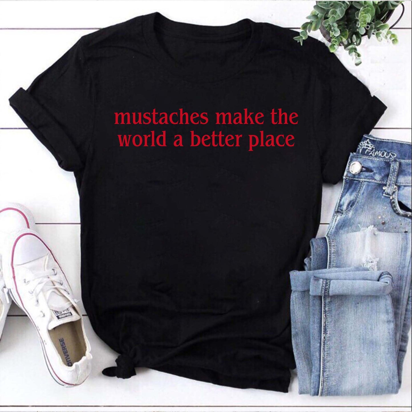Mustaches Make The World A Better Place Funny Black Graphic T-Shirt