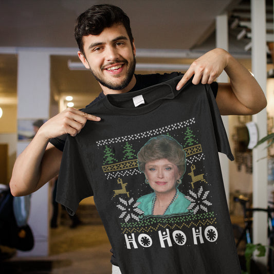 Funny Holiday Sweater T-Shirt Featuring Classic TV Icon with Ho Ho Ho Design
