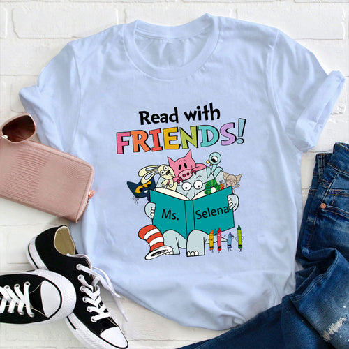 Read with Friends Personalized Teacher T-Shirt, Cute Animal Reading Group Tee
