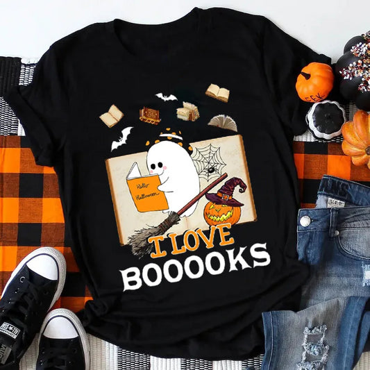 Cute Halloween Ghost Reading T-Shirt - I Love Boooooks