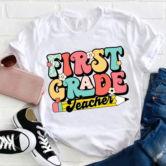 Colorful First Grade Teacher T-Shirt - Cute Pencil School Gift Tee