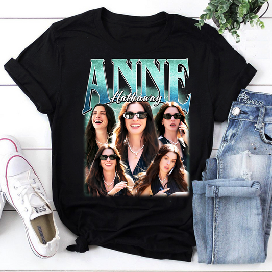 Anne Hathaway Collage Black Graphic T-Shirt - Fun Celebrity Photo Tee
