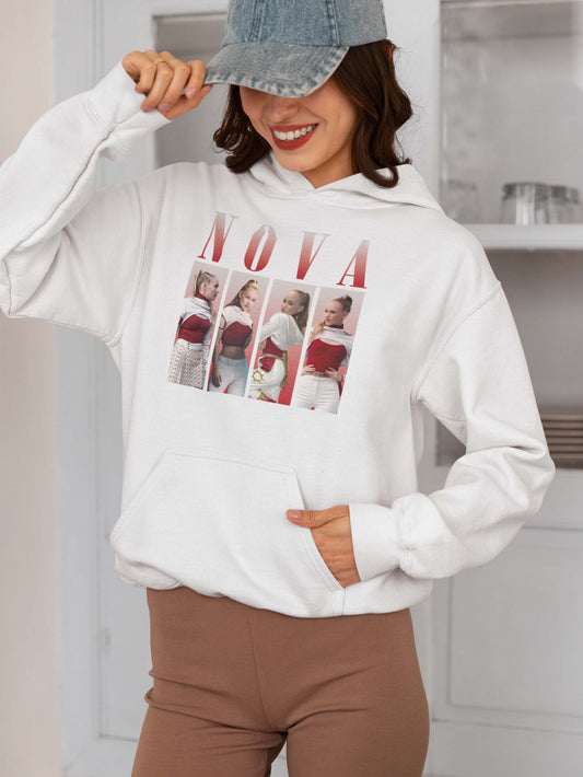 Nova Graphic Hoodie with Retro Style Model Collage - Cozy White Sweatshirt