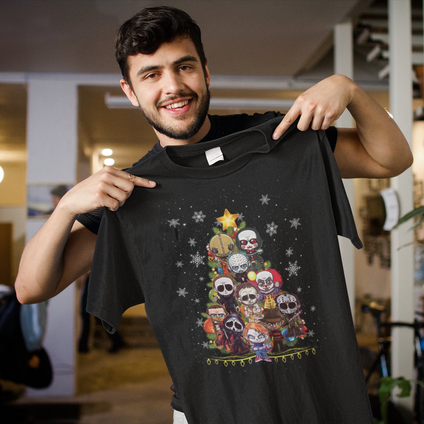 Horror Movie Characters Christmas Tree T-Shirt – Festive Horror Villains Tee