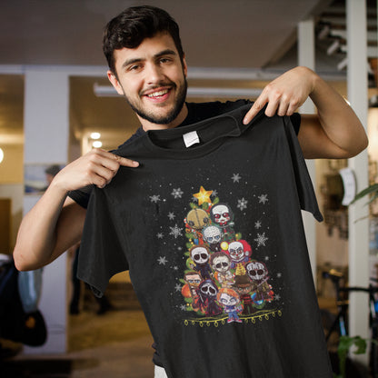 Horror Movie Characters Christmas Tree T-Shirt – Festive Horror Villains Tee
