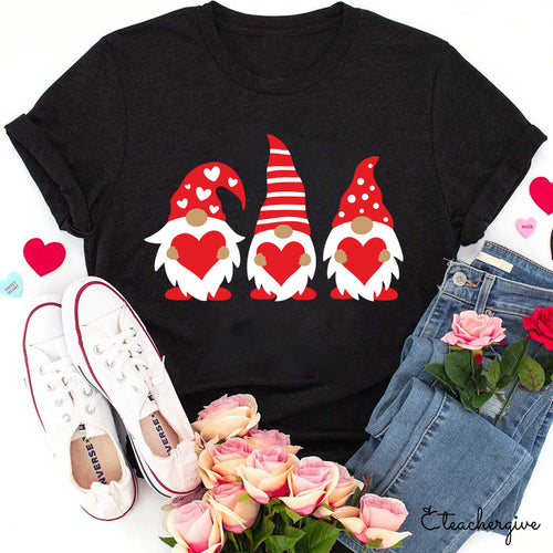 Valentine's Day Gnome Shirt with Red Heart Trio Cute Love Gift Tee