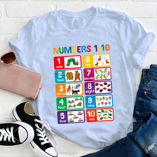 Educational Kids Numbers 1-10 Learning T-Shirt with Colorful Animal and Object Illustrations