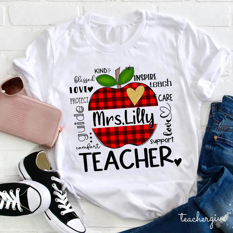 Personalized Teacher Shirt Mrs. Lilly - Buffalo Plaid Apple with Inspirational Words