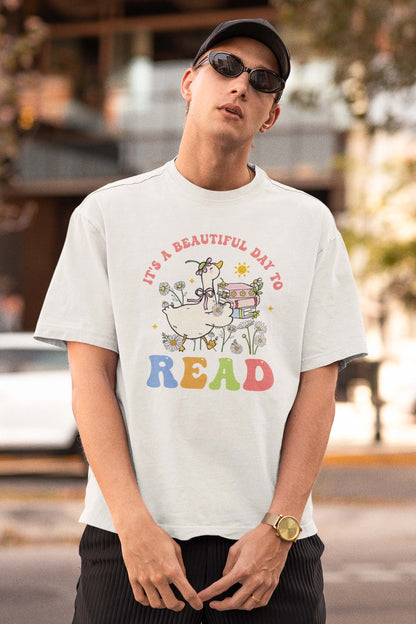 Cute Duck Reading T-Shirt - It's a Beautiful Day to Read Cotton Tee