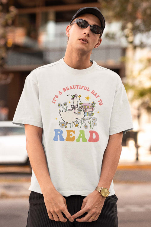 Cute Duck Reading T-Shirt - It's a Beautiful Day to Read Cotton Tee