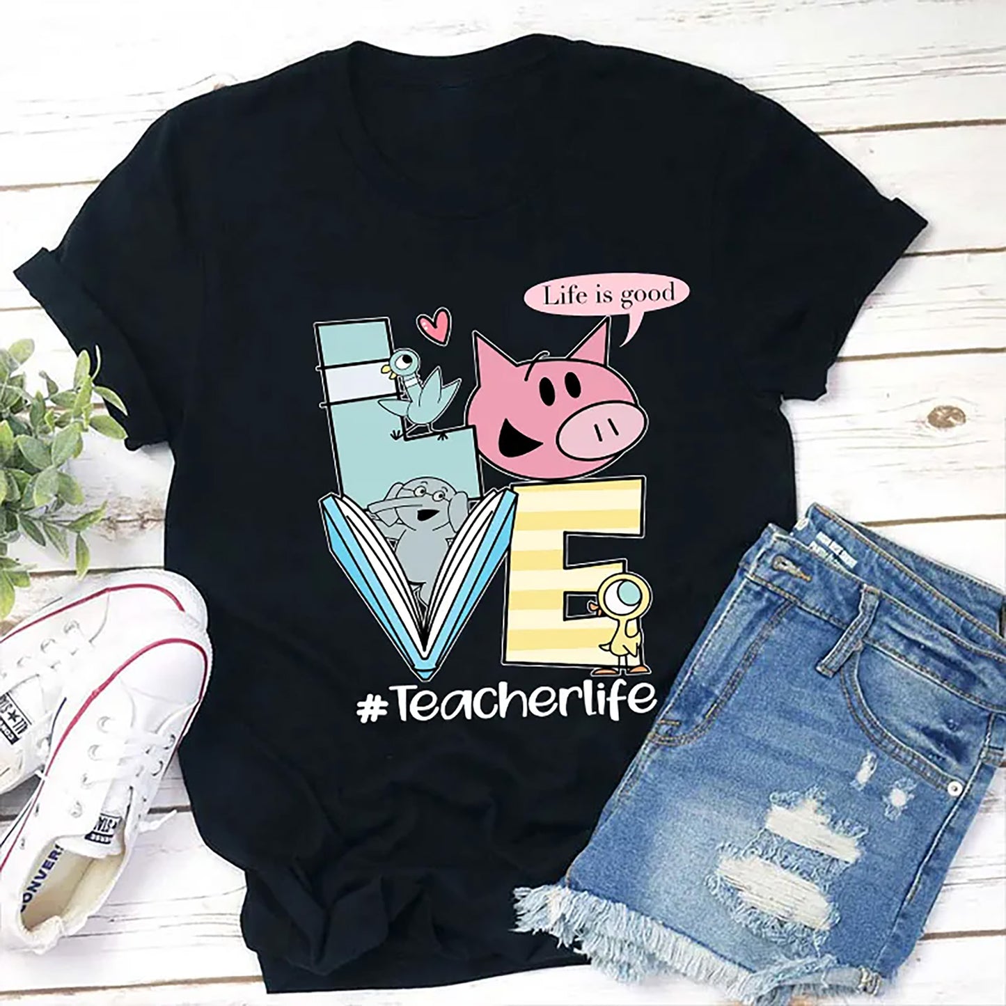 Cute Teacher Life T-Shirt with Love & Animal Cartoon Design